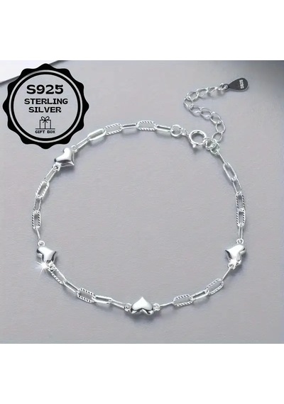 Heart Chain 925 Ayar Sade Şık Zincir Kalpli Gümüş Bileklik Çok Renkli