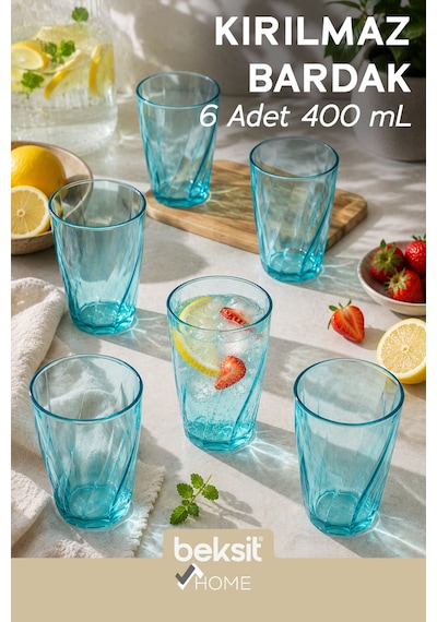 Home Glassy Kırılmaz Polikarbon 6'lı Bardak Turkuaz 400 Ml Turkuaz Turkuaz