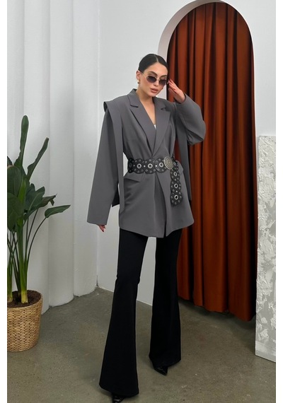 Kadın Oversize Blazer Ceket Kuşaklı Omuz Detaylı Gri