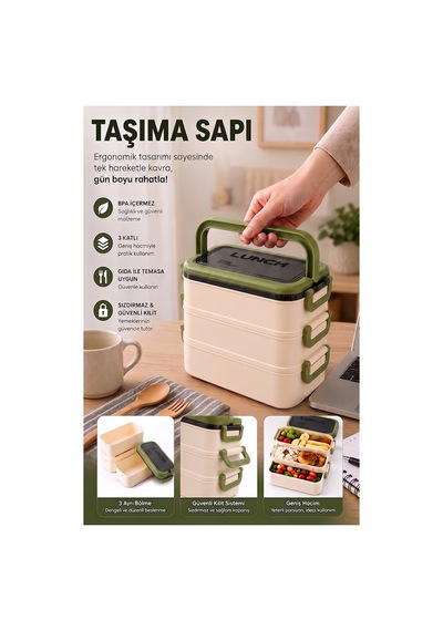 Yeşil Beslenme Kutusu 3 Bölmeli 1 Adet 3 Bölmeli Beslenme Kabı Yemek Saklama Kabı Taşınabilir Lunch Box Okul