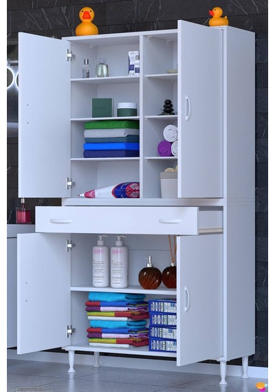 Yeni Afra 95 Cm 4 Kapaklı 10 Raflı Ve 2 Gözlü Çekmece Çok Amaçlı Banyo Dolabı Beyaz