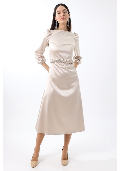 Mois Atelier Krem Saten Sırt Dekolteli Balon Kol Midi Abiye Nişan Elbise Büyük Beden Bayramlık