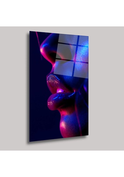 Neon Kadın Yüz Detayı Cam Tablo Neon Işıklı Modern Portre 50x70