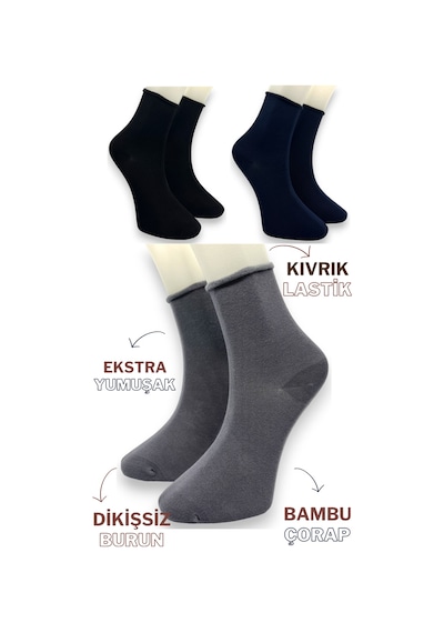 Premium 3 Çift Bambu Kadın Lastiksiz Roll Top Soket Dikişsiz Çorap / Iz Bırakmaz / Sıkmayan Çorap Siyah Lacivert Gri