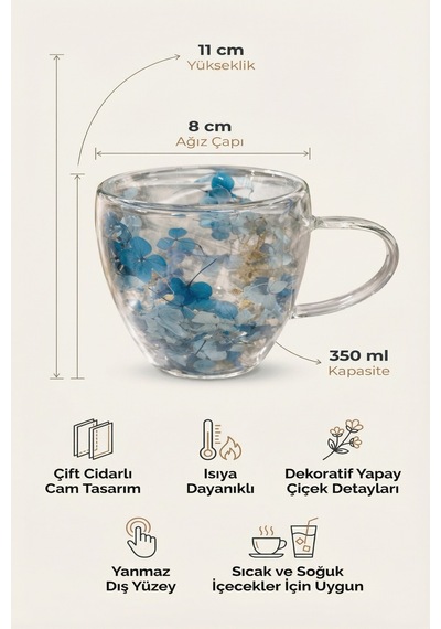Makri Home Mavi Çiçekli Çift Cidarlı Cam Kupa, 350 Ml, 11 Cm X 8 Cm Çok Renkli