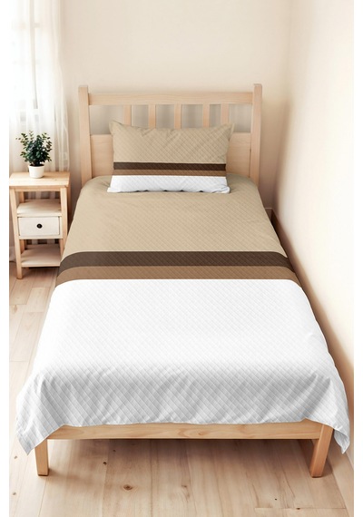 Modern Çizgili Krem Tek Kişilik Pike Takımı - Vizon Kahve Kapitone 160x220 Cm Mevsimlik Yatak Örtüsü Ahenkli Doku Kıyımı