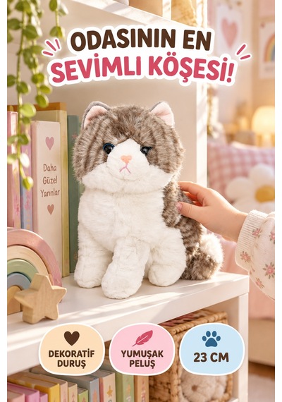 23 Cm Gri Peluş Kedi Oyuncak Yumuşak Sevimli Kedi Figürlü Çocuk Oyuncağı Doğum Günü Hediyesi Seti Çok Renkli