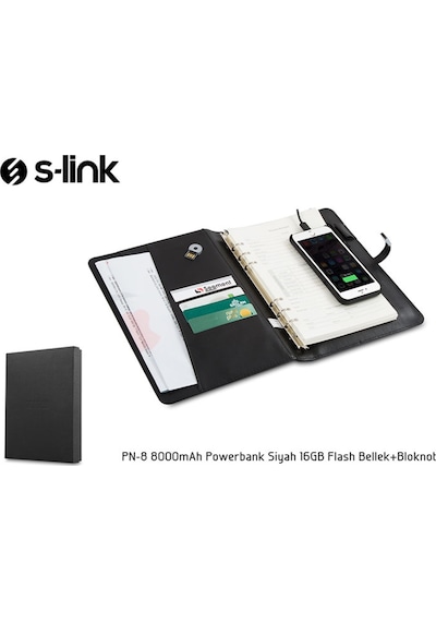 S-Lınk Pn-8 8000Mah Powerbank Siyah 16Gb Glash Bellek-Bloknot-Siyah