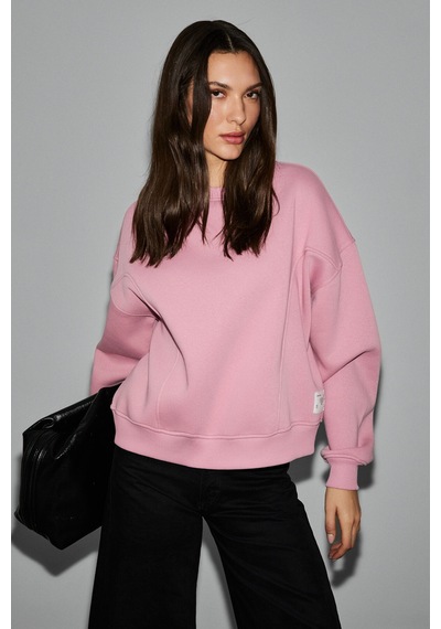 Grimelange Serenya Kadın Pamuklu Etiket Detaylı Bisiklet Yaka Pembe Sweatshirt Pembe