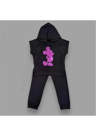 Pekminibebe 3-4-5 Yaş Kapşonlu Payetli Mickey Desenli Kısa Kol 2li Kız Erkek Çocuk Takımı Siyah