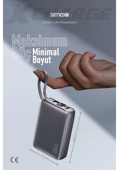 Simex 20.000 Mah 22.5w Hızlı Şarj Pd Powerbank Kendinden Kablolu Ve Dijital Göstergeli Taşınabilir Cihazı Standart