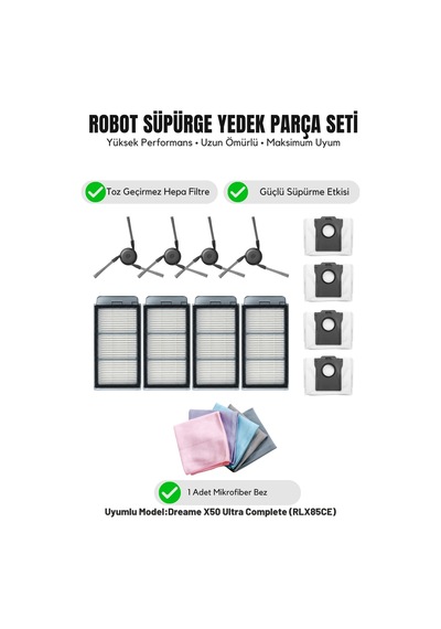 Dreame X50 Ultra Complete Rlx85ce İle Uyumlu 4 Yan Fırça 4 Filtre 4 Toz Torbası 1 Temizlik Bezi 14.0