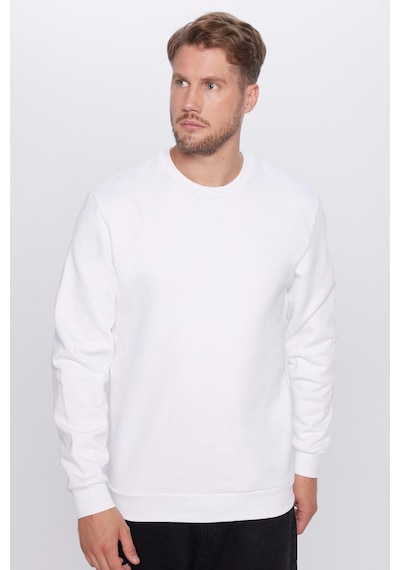 Tudors Unisex Oversize Geniş Kesim %100 Pamuk Basic Beyaz Bisiklet Yaka Sweatshirt-26563 Beyaz