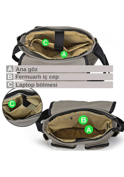 Cappadocia Vintage 4017 Açık Gri 14" Laptop Kanvas Postacı Okul Çantası Unisex Kilitli Çok Cepli Omuz Askılı Açık Gri