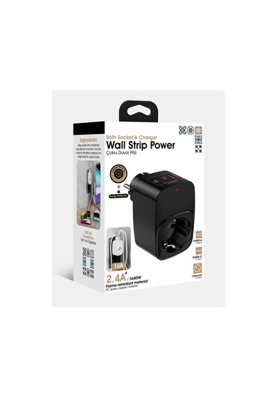 Vtn-024 Tekli Yüksek Voltaj Korumalı Duvar Prizi 2x Type-c 1x Usb Çıkışlı Priz Grup Priz 0.13 M