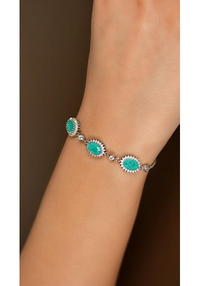Roza Silver Paraiba Taşlı Rodyum Oval Anturaj Gümüş Bileklik