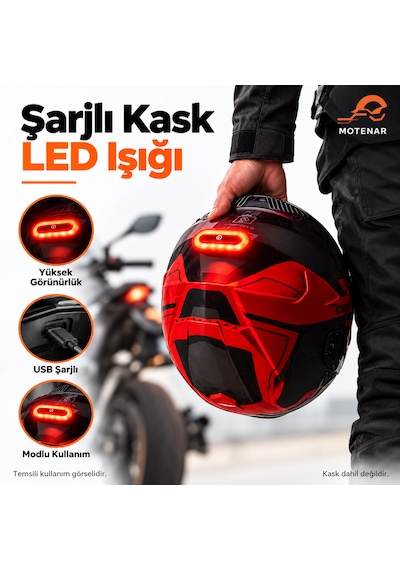 Motenar Kask Arkası Led Uyarı Işığı Usb Şarjlı Modlu 1 Adet