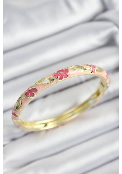 Mineli Pirinç Pembe Çiçek Motifli Gold Renk Kadın Kelepçe Renkli