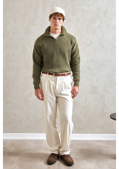 Erkek Polo Yaka Örme Oversize Kazak Yeşil