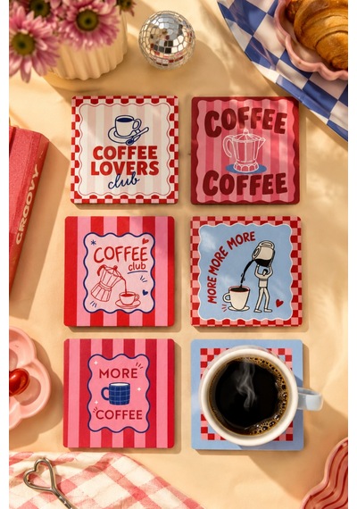 Coffee Time 6 Lı Kare Bardak Altlığı Seti, 9 Cm Mdf, 3 Mm, Uv Dijital Baskı Çok Renkli