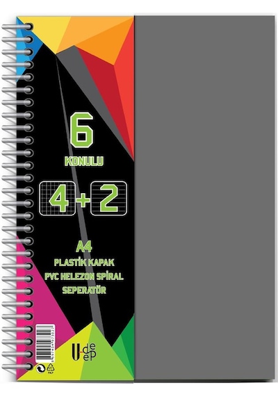4+2 Ayraçlı Defter 6 Konulu 150 Yaprak 1 Adet 4 Kareli 2 Çizgili Spralli Plastik Kapak Seperatörlü Gri