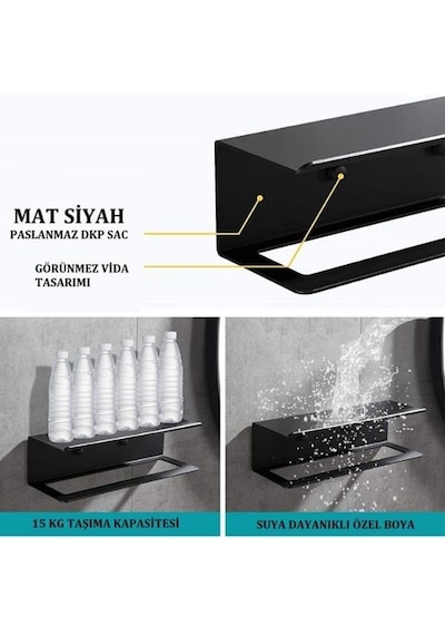 Dione Store Dekoratif Metal Siyah Mutfak Banyo Rafı Havlu Askılık Duvar rafı Ve Askılık Siyah