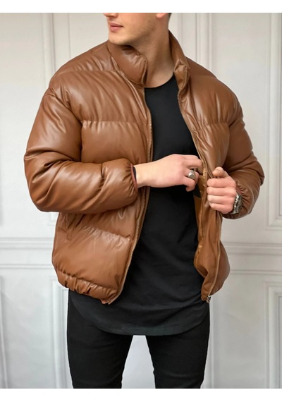 Modefendi Şişme Oversize Yüksek Kalite Deri Mont Kahverengi