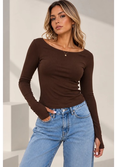 Bb Butik Basic Soft Touch Parmak Geçmeli Kayık Yaka Bluz Mdk35 kahverengi