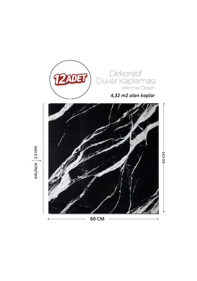 60x60 Cm Kendinden Yapışkanlı Duvar,banyo,tezgah Arası Siyah Mermer-12 Adet 1089-60-12