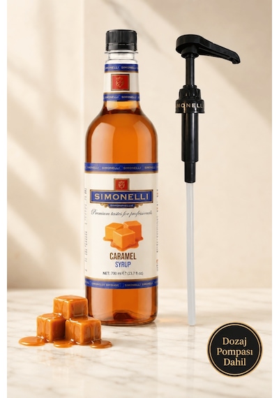 Simonelli Karamel Aromalı Kahve ve Kokteyl Şurubu 700 ML + Şurup Pompası - Latte Frappe Soğuk Sıcak Kahve ve Tatlı Şurubu