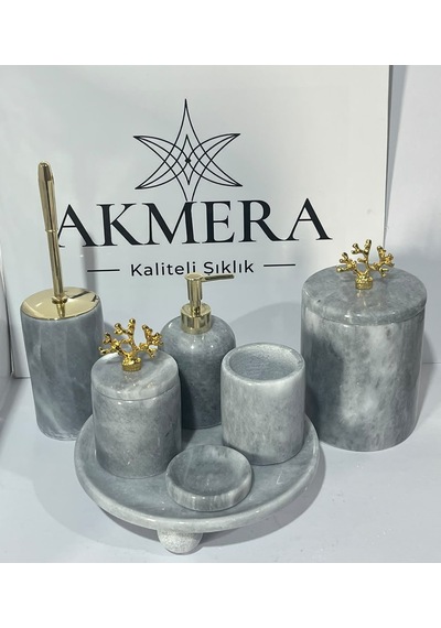 Lüks Gri Mermer Top Ayaklı 7 Parça Banyo Seti Gri - Krom