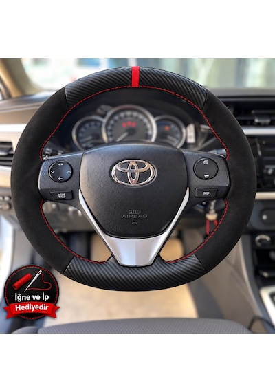 Toyota Avensis T270 Dikme Direksiyon Kılıfı Alcantara Süet Mat Karbon Kırmızı Yüzük Ve Dikiş 2015-2018 Siyah
