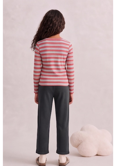 Esila Kids Kız Çocuk Çizgili Uzun Kollu Tişört Ve Rahat Kesim Pantolon Takım Bordo