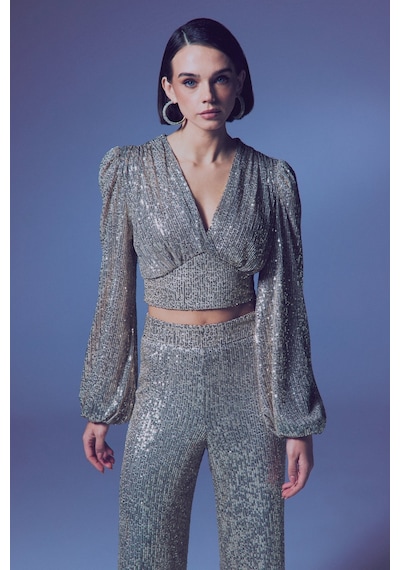 Sateen Kruvaze Payetli Crop Bluz - Bej-135343 Bej
