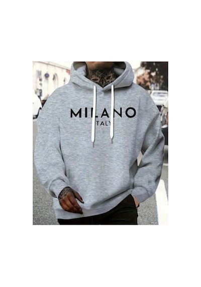 Herkesemoda Milano Yazı Detaylı İçi Polarlı Kapüşonlu Sweatshirt Gri