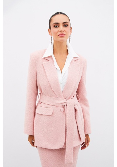 Sateen Kuşaklı Tüvit Ceket - Pudra-135021 Pudra