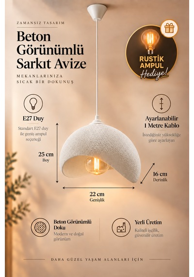 Beton Görünümlü Tekli Sarkıt Avize Dokulu Modern Bohem İskandinav Salon Mutfak G95 Rustik Led Ampul Hediyeli Beyaz