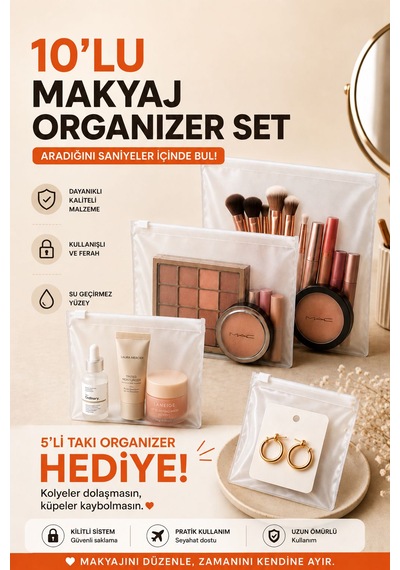 10 Lu Makyaj Organizer Seti+ 5 Li Takı Organizer Hediye Şeffaf