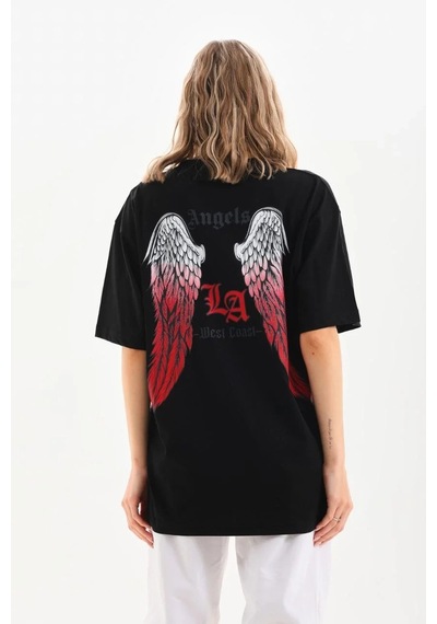 Kadın Baskılı Tişört Kısa Kol Bisiklet Yaka Oversize T-shirt - Siyah