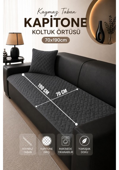 Kaymaz Taban Kapitone Koltuk Örtüsü Çekyat Koruyucu 70x190 Cm Füme