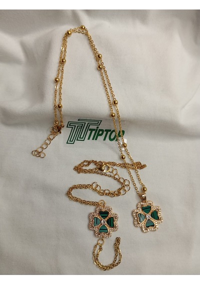 Tiptop/ Yeşil Mineli Yonca Model Gold Renk Kolye Ve Şahmeran Set Gold