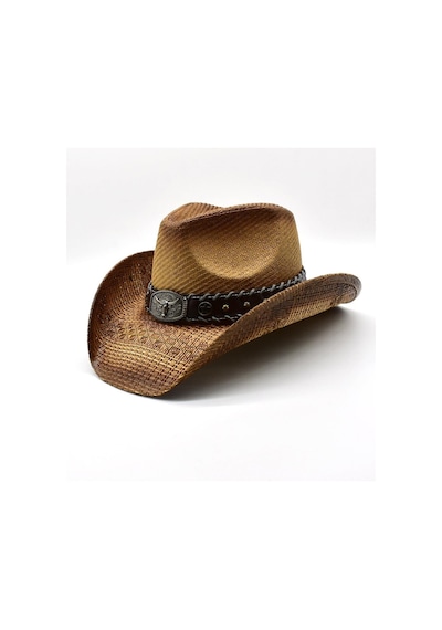Deri Şeritli Boğa Figürlü Hasır Şapka Premium Classic Western Festival Beach Rave Hat - Standart Koyu Kahverengi