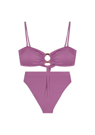 Orta Halka Detaylı Yüksek Bel İkili Bikini Takım Lila