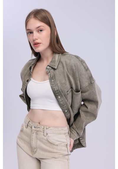 Selectmoda Kadın Çift Cepli Çıtçıt Kapamalı Oversize Kot Gömlek haki