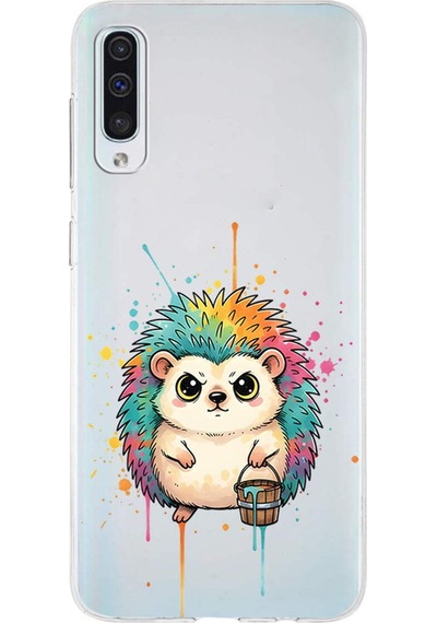 Samsung Galaxy A50 İle Uyumlu Splash Kirpi Tasarımlı Şeffaf Silikon Kılıf Şeffaf