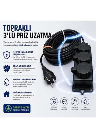Ayrex 3'lü Grup Priz 3x2.5mm Ttr Topraklı Siyah Kauçuk Uzatma Kablosu 10 Metre 0