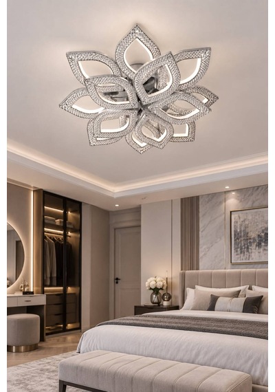 Yonca Model Gümüş Kumandalı 13"lü Ledli 3 Renk Modu Kristal Salon Mutfak Yatak Çocuk Odası Avize