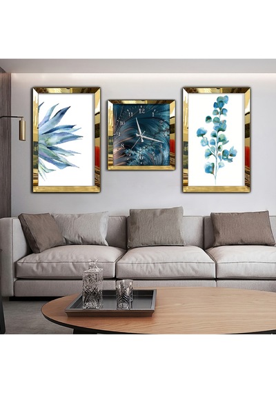 MAVİ ÇİÇEK AYNALI GOLD PLEKSİ ÇERÇEVELİ MDF TABLO VE SAAT SETİ
