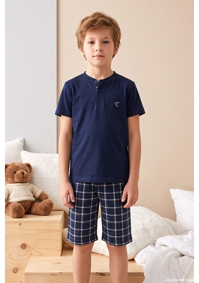 Remsa Genç Erkek Çocuk Kısa Kol Şortlu Pijama Takımı 4369 Lacivert01 Lacivert