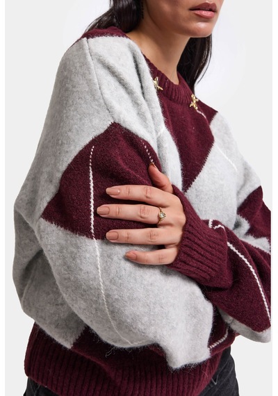 Kadın Bordo Gri W6-35 Oversize Baklava Desenli Aksesuar Detaylı Tasarım Triko Kazak